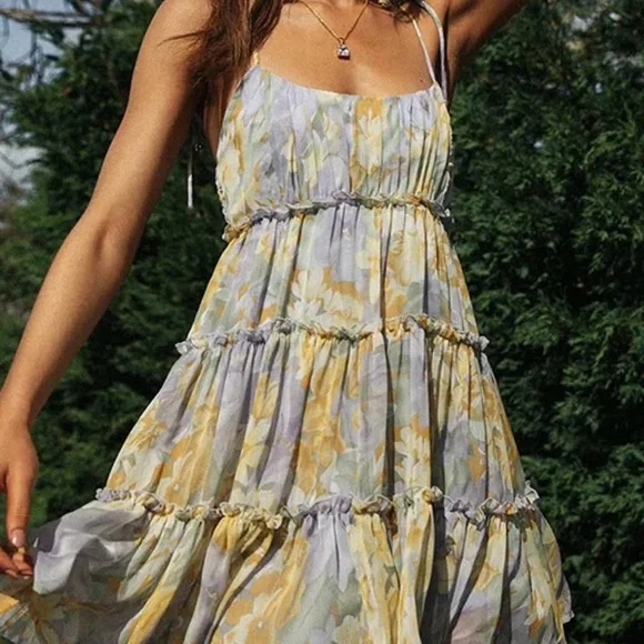 Yellow and Purple High Low Sundress with Ruched Bodice - Picture 2 of 5